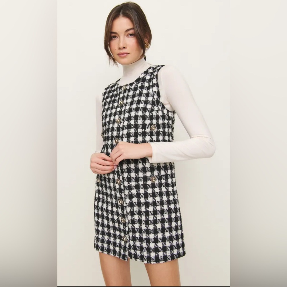 NEW Reformation Tropez Tweed Black White Gingham Button-Front Mini Dress